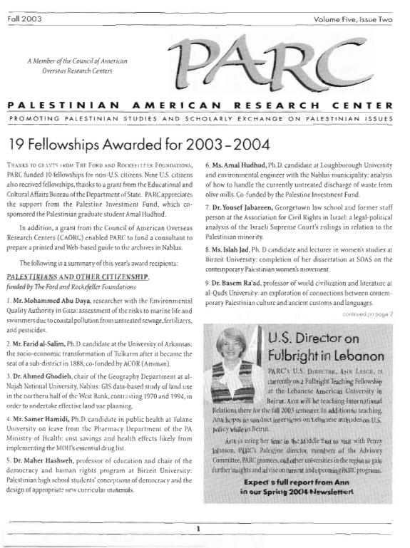 PARC Newsletter - FALL 2003 - VOLUME 5, ISSUE TWO