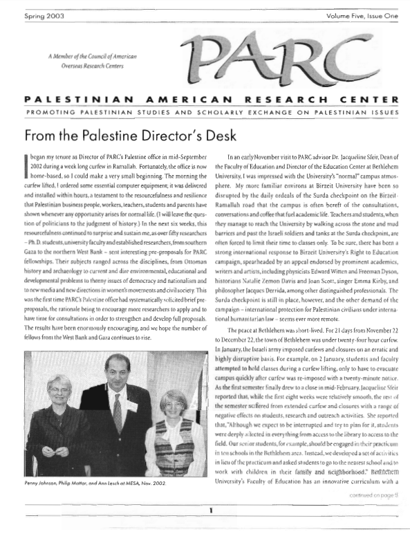 PARC Newsletter - SPRING 2003 - VOLUME 5, ISSUE ONE